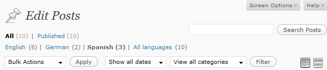 Edit posts screen with multiple languages