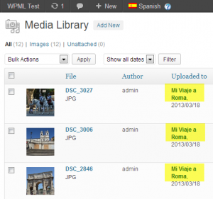 WordPress Media screen for Spanish content