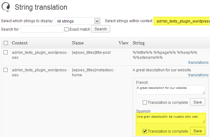 String Translation for WordPress SEO texts