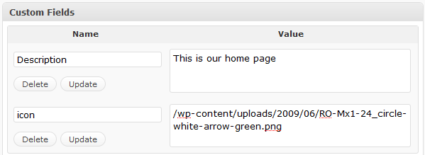 custom-fields Icon and Description custom fields added to a page